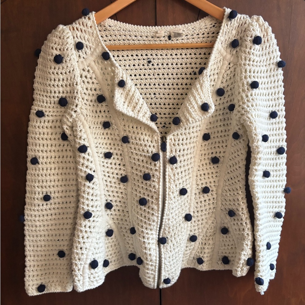 Moth Anthropology Cream Crochet Cardigan with Black Pom Detail -- S - Picture 2 of 8